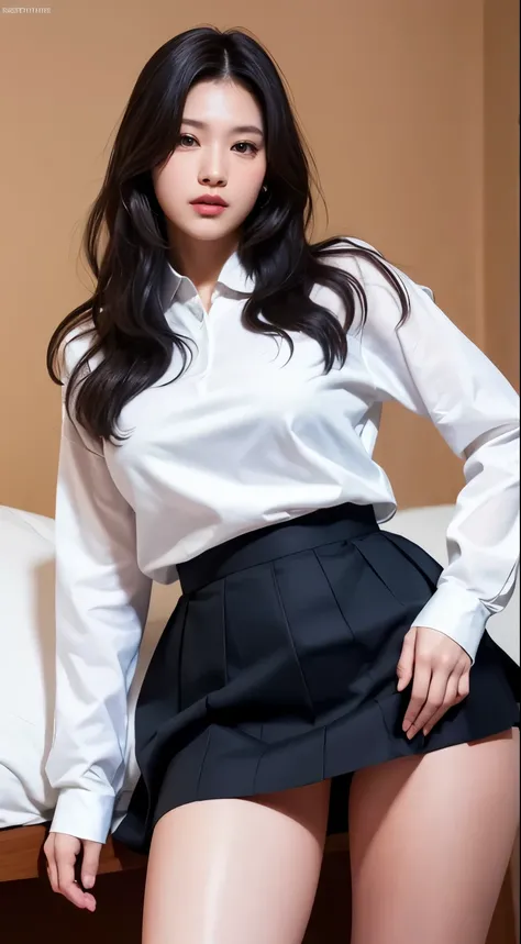 Masterpiece, High Resolution, Ultra High Resolution, 4K, black wavy hair, Navy Blue Skirt, White shirt, long sleeves, Highlighted Thighs, White Thighs, Soft Thighs, Shiny Thighs, Bed Room, Face to Face Angle, Angle from Below, Camera Zoom to Hip Joint, Ful...