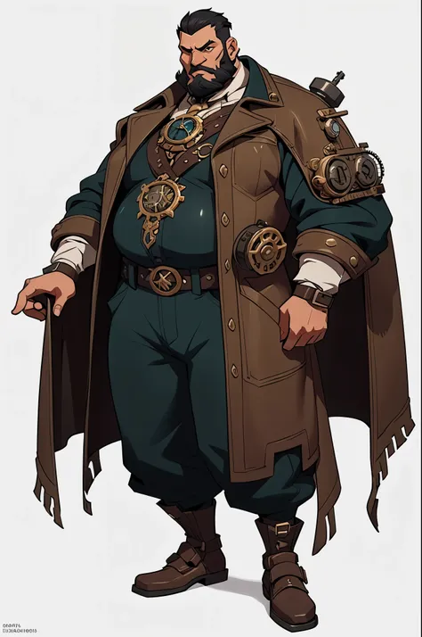 mstoconcept art, european and american cartoons, game character design, solo, 1MAN, human, brown skin, Chubby, CLEAN FACE, GRAY BACKGROUND, steampunk clothes, steampunk engineer, FULL BODY, STANDING, black hair, black beard, fantasy rpg rogue, (((detailed...