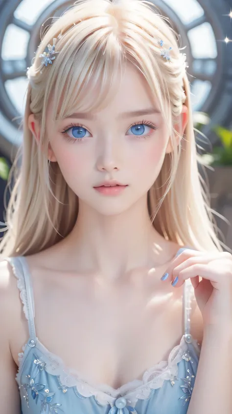 Beautiful white and shining skin、Blonde hair that changes color depending on the light、Bangs between eyes obstruct vision、Shiny highlights on the cheeks、Sexy, very beautiful, lovely, cute, gorgeous face、The most beautiful face in the world、Super long and g...