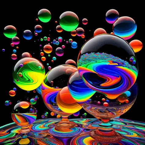 incredible 3d images of melting glass orbs pouring colours from one orb to another in a psychedelic dream, shimmering glass morp...