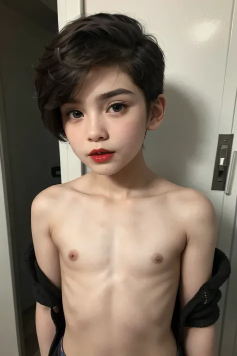 Big asshole, ((Red Lips)), Coats Medium body portrait, ((black very short hair)), NUDE AT A DARK NIGHT PLACE, Ultra High Res. realistic: 1.4, UHD, lace , very flat chest, half body portrait , skinny my body, view from front, (Gadis little Femboy:1.3), poki...