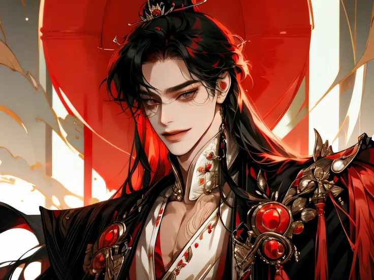 boy, Long hair, long hair style, 긴 Black 머리, sharp eyes, white skin , A very close view, ((Black, Red emperor costume )), pearl decoration , gorgeous, Smiling