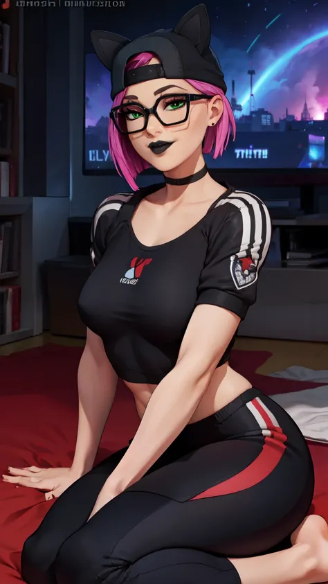 1 girl,black lips,choker, GoodNight, sky with stars , evening , Night, cap(masterpiece) Dark sky,(Best Quality) led light, gaming zone,(Alone),fine green eyes , yawning , high detailed,extremely detailed,sitting on the floor ,short pink hair,  sports pants...