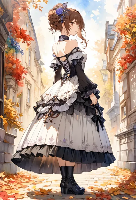 (((nsfw)))、 (((watercolor))), (((gothic))),      tree々Woman standing on a street surrounded by   、 A fascinating scene  ,    Decorate with hair ornaments    、      pose is medium length     ,    Wavy brown hair ..。.。Super mini skirt with frills, s expressi...