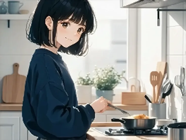 best quality.A girl with a black shaggy bob hairstyle stands in a clean and minimalist kitchen, preparing to start cooking. She is wearing a navy blue sweater, her expression filled with excitement and focus. The kitchen is neat with only a few utensils an...