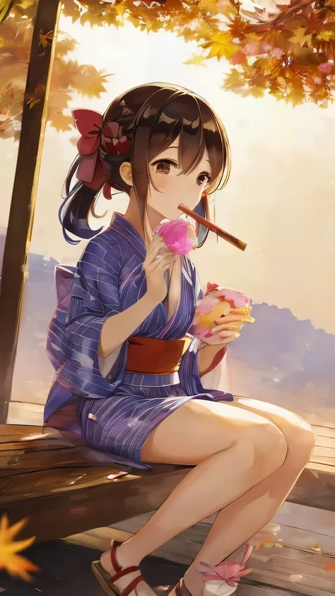 A girl wearing a yukata at an autumn festival, eating cotton candy, looking happy, wearing sandals with red straps