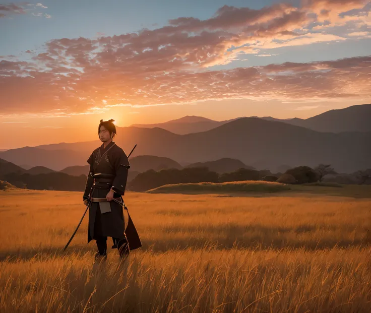 " a lone samurai standing in a field of tall grass, with a katana drawn and ready. The samurai’s expression is calm and focused, despite the bloodied battlefields around him. The sky is an orange sunset, casting a warm glow over the landscape, and cherry b...