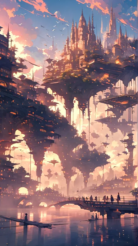 "A floating city at dawn, with pastel-colored clouds surrounding tall, glowing towers, gentle morning light, soft birds flying through the mist, floating bridges connecting the buildings, a few people strolling peacefully, warm and ethereal atmosphere, rem...