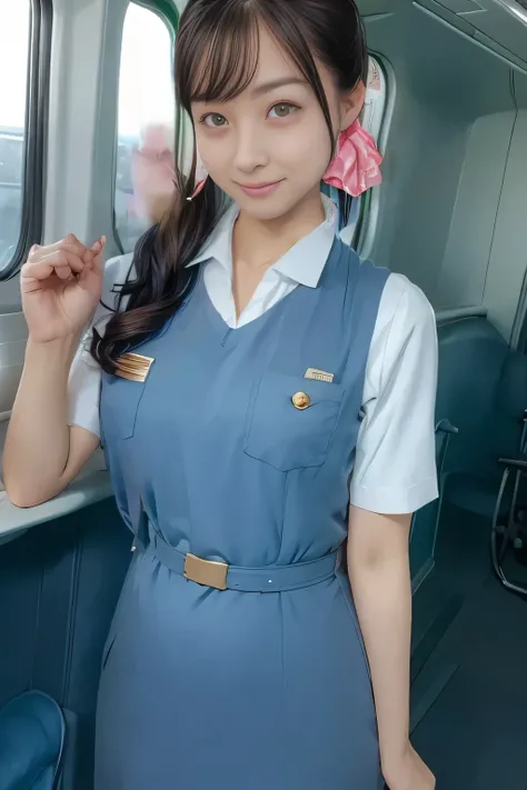 (masterpiece:1.2, best quality:1.2), 32kHDR, high definition , (alone、 1 girl)、(Rooftop of a building during the day、Professional Lighting)、With the roof of the building in the background 、( Realistic Style Japan Air System Flight Attendant Uniform Blue ...