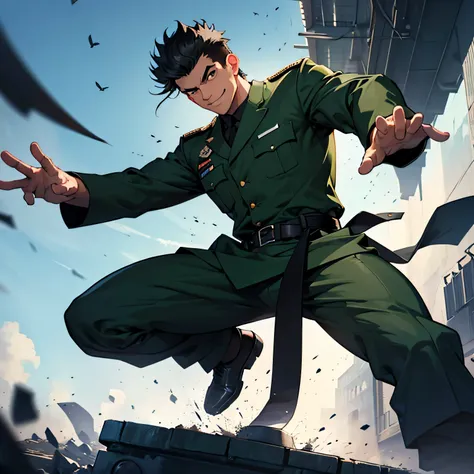 age 35,, dark green military uniform、 black slim pants  , black belt、cool battle pose、spread your legs wider,black belt,logic, g...