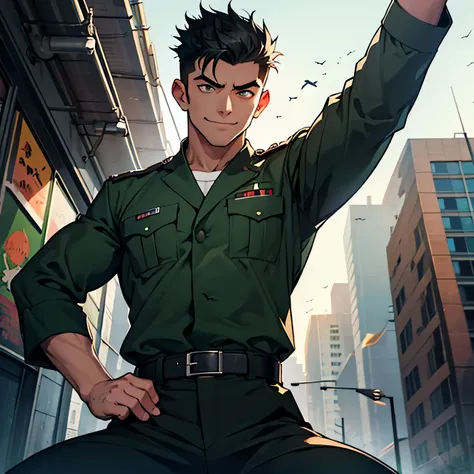 age 25,, dark green military uniform、 black slim pants  , black belt、cool battle pose、spread your legs wider,black belt,logic, g...