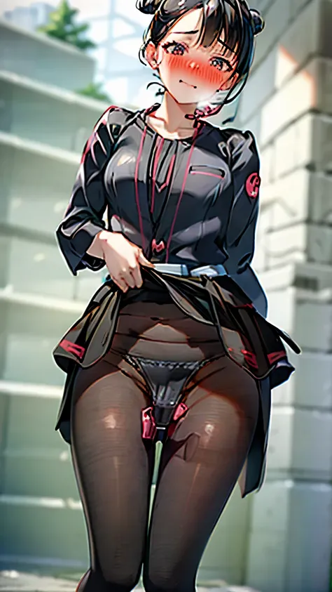 masterpiece, 
  High Quality  , 
4K,
1080HD  ,race panty,
Single back Bun hair, standing,  tight skirt , torn pantyhose, press against the chest, Hosts ,skirt lift,  black hair,  random hairstyle,wet unkempt hair  