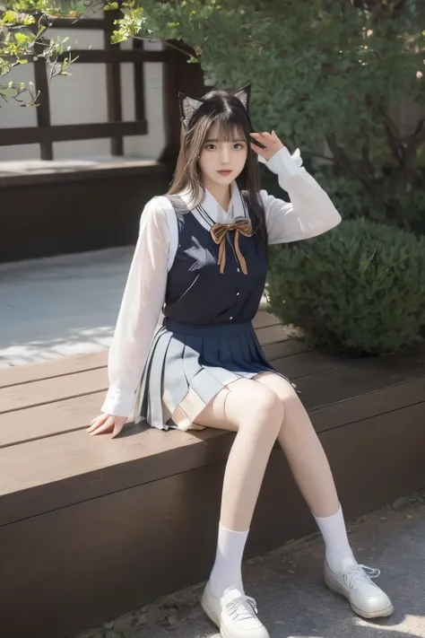 Masterpiece, 8k, Bokeh, beautiful face, (multiple girls:1.4), Harem, group photo, (Cat ears:1.3), (school uniform:1.2),(blouse, check ribbon,Pleated skirt, Black ankle socks:1.3), (Plump breast:1.1), Looking at the viewer, Sunshine road, Cowboy shot, Fro...