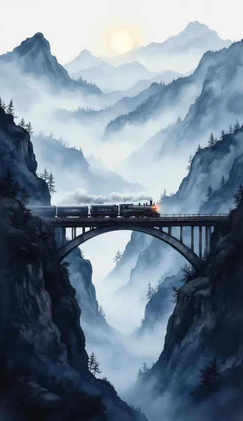 (masterpiece:1.2,Superior Quality,Mirror finish, Cinematic Experience, best illustration:2.0),8k,(Watercolor:2.0),(An old bridge shrouded in fog :2.0),(An old bridge is built in a mountainous area:2.0),( bridge over the mountainous area :2.0),( A freight t...