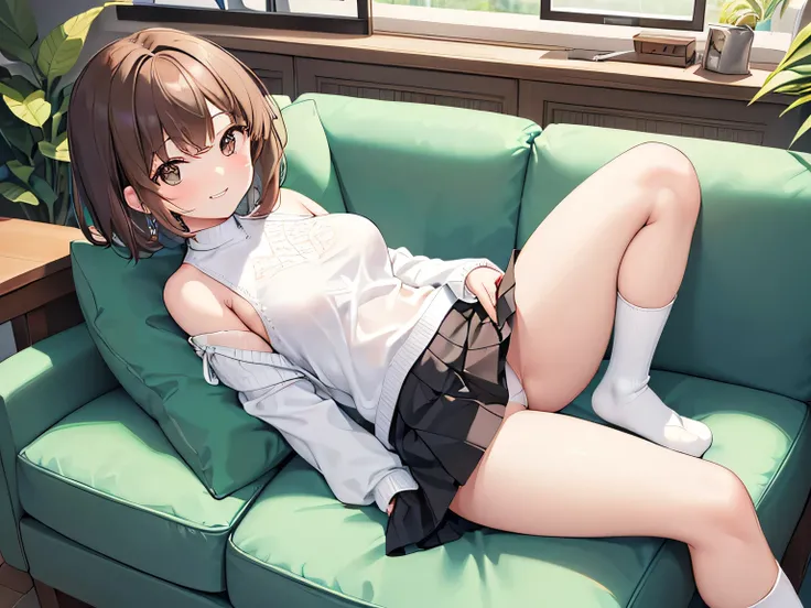 (masterpiece、 best quality、 high definition 、 realistic pictures、Real looking skin:1.1)、 
( The woman sits with her crotch closed on the living room sofa :1.8)、 
( Her skirt is short so I can see her panties:1.8)、 
(I々Im looking at her from the front :1.8)...