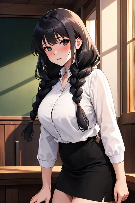 Masterpiece, Best Quality, Hi-Res, source_anime, (good_hands:0.9) , 1girl, teacher, black eyes, black hair, curly long hair, two thick braids, white buttoned shirt, black skirt, mini skirt , curvy body, High Contrast Glossy Oily Skin, living room, leaning ...