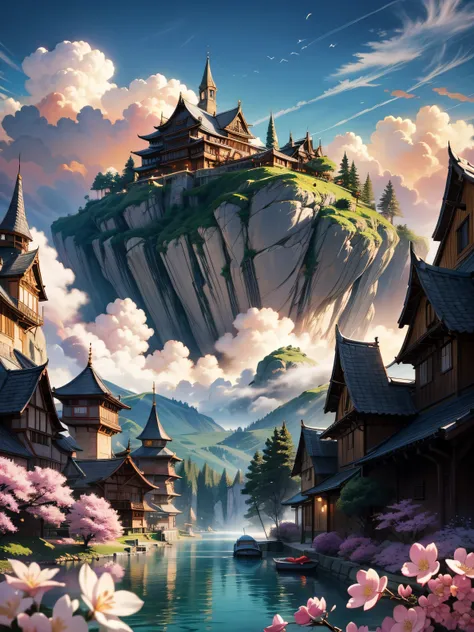 (((Masterpiece))), Best Quality, High-resolution photograph, Sharp details,Create a photo of a master Oogway (wise and old turttle) with his staff from Kung fu panda, ((Master Oogway)), Scene is set on a mountain tops with cherry blossom tree. Absolutely s...