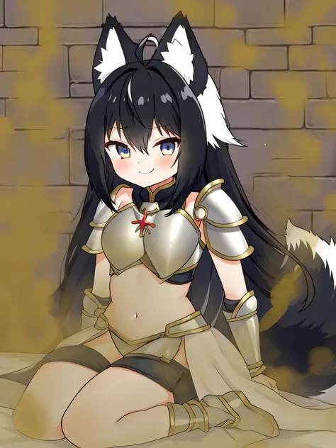 1girl, solo, masterpiece, anime, indoors, dungeon, lighty armor, shoulder armor, black hair, long hair, fox ears down, skunk tail, ahoge, hair flaps, shy, hair over eyes, sitting on a bubble smile