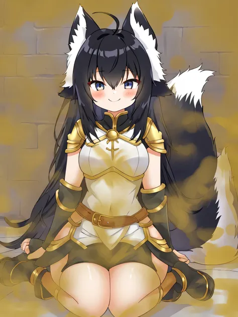 1girl, solo, masterpiece, anime, indoors, dungeon, lighty armor, shoulder armor, black hair, long hair, fox ears down, skunk tai...