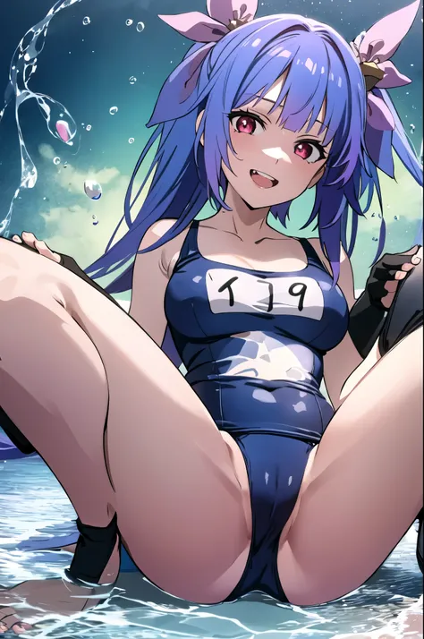  best quality, masterpiece,  high definition , Alone, {I19_Fleet Collection:1.15}, Long Hair,  blue hair, ribbon, ヘアーribbon, red_eye, tw private nta private ls, Big Breasts,  big chest, symbol-shaped_pup private ls, (( school swimsuit)), (( One Piece Swims...