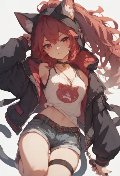 Red Hair、Cat ear hood、 girl、 black jacket 、 ponytail、Shorts， red eye color 