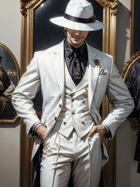 Semi realism painting, Elegant Vibes, A man Using Talking Smiling Mask, Wide, Using White Outfit Suit, Using White Hat, Hands In Pocket, His Eyes Not Visible covered by his hat