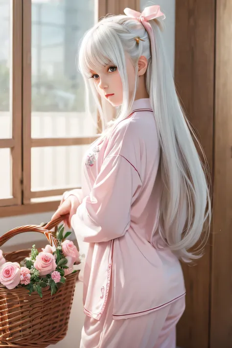 masterpiece,  best quality,  super detailed, Illustration,  beautiful detailed eyes,  close,  girl. That white hair ,  Pink Ribbon ,  white pajamas. Crouch on the ground、 explores the inside of the clothes basket