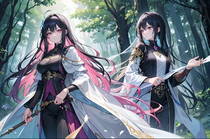 "A fantasy scene featuring a woman with long, flowing black hair that has vibrant pink highlights. She is walking hand-in-hand with a man through a magical, enchanted forest. The woman is wearing an elegant, mystical gown with shimmering elements that glow...