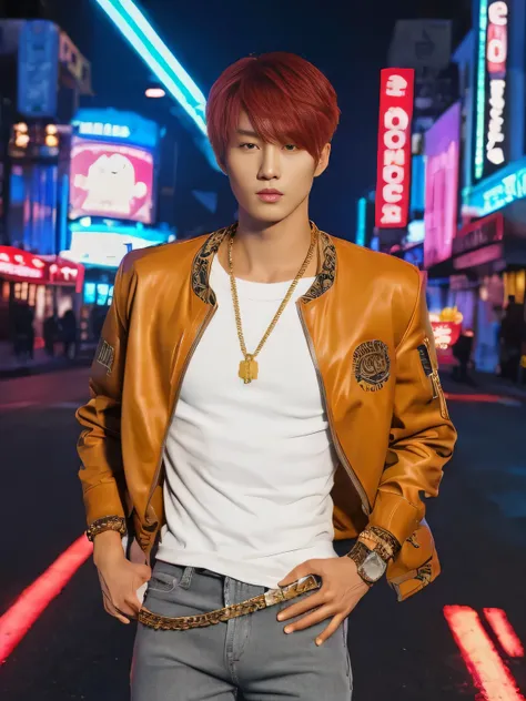 (Detailed face:1.3), 8k, photorealistic, best quality, (insanely detailed:1.3), Korean Pop Idol, very handsome Korean man, tattoos, very muscular, prominent veins, abs, very tall, (very tanned skin:1.3), (huge bulge crotch:1.4), bangs, red hair, short hair...