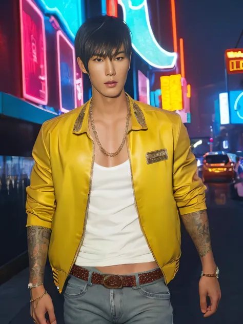 (Detailed face:1.3), 8k, photorealistic, best quality, (insanely detailed:1.3), Korean Pop Idol, very handsome Korean man, tattoos, very muscular, prominent veins, abs, very tall, (very tanned skin:1.3), (huge bulge crotch:1.4), bangs, red hair, short hair...