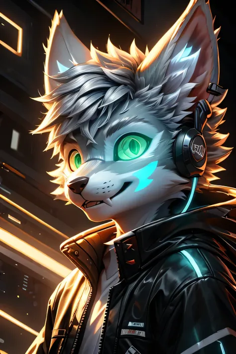 Young werewolf， blue fur ，  wears a black jacket with neon details，Wear an electronic mask ， wear a gaming headset ，Avatar， facial close-up ， high quality， Mathematical Art ，，High-definition 4K realistic，(( clear structural details )))Show details，  Delica...