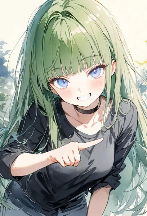 a girl,[(green hair:1.1):(black hair:1.1):0.6],long hair,hime cut, blue eyes,grin,narrow eye,wearing black flannel shirts,from front,looking viewer,cowboy shot,(pointing down:1.3), black choker,medium breasts,watercolor style, best quality,(masterpiece:1.2...