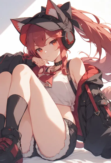 Red Hair、Cat ear hood、 girl、 black jacket 、 ponytail、Shorts， red eye color 