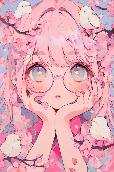 a beautiful cute girl with braided bangs, large eyes with star details, long eyelashes, thick eyebrows, delicate makeup, cute lips with light pink lipstick, surrounded by cherry blossoms and a cute little bird, digital art, highly detailed, intricate, deli...