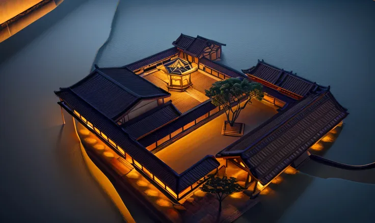 ancient chinese architecture, aerial view, cityscape, birds eye view, detailed architecture, detailed rooftops, detailed tiles, detailed chimneys, detailed windows, detailed doors, detailed gardens, detailed pathways, detailed trees, detailed ponds, detail...