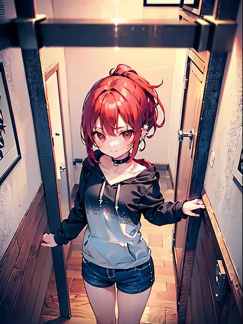  realistic, best quality,  ultra detail ,  LONG PONYTAILS ,  THE MOST DELICATE AND BEAUTIFUL , Floating softly,  high definition , (1 adult woman ), ( High Quality,4K,8k,masterpiece:1.2),(Bright Red Hair:1.5), ( short ponytail:1.5),(Red eyes:1.5),(Big Brea...