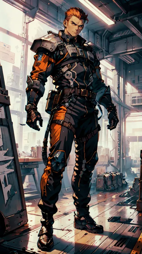 (masterpiece:1.2, best quality:1.2, extremely delicate:1.2), ((male:1.5)), a man with slicked-back short disheveled red-gold hair, cold and ruthless gaze, confident expression, a two piece futuristic-style military dress uniform, primarily white and red wi...