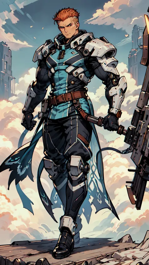 (masterpiece:1.2, best quality:1.2, extremely delicate:1.2), ((male:1.5)), a man with slicked-back short disheveled red-gold hair, cold and ruthless gaze, confident expression, a two piece futuristic-style military dress uniform, primarily white and red wi...