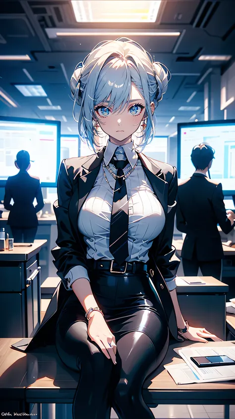 “A powerful woman in her late 40s, with sleek silver hair tied back in a sophisticated bun. She wears a high-fashion corporate suit, meticulously tailored, with sharp angles and metallic accents. Her cold, calculating eyes peer over a large desk in a lavis...