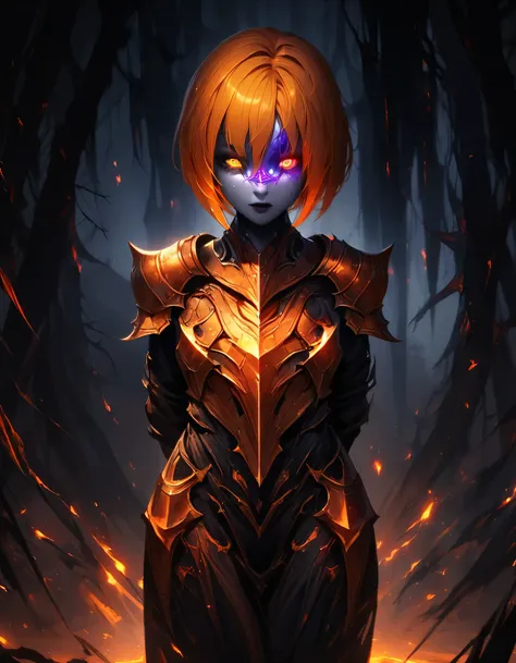 (dark fantasy), horror art, gloomy deity, dark girl, pale skin, multicolored eyes, cosmic eyes, glowing eyes, orange gradient hair, short hair, crystallic hair, hands behind back, crystallic armor, (dark lighting), shadows, cold lights, highly detailed