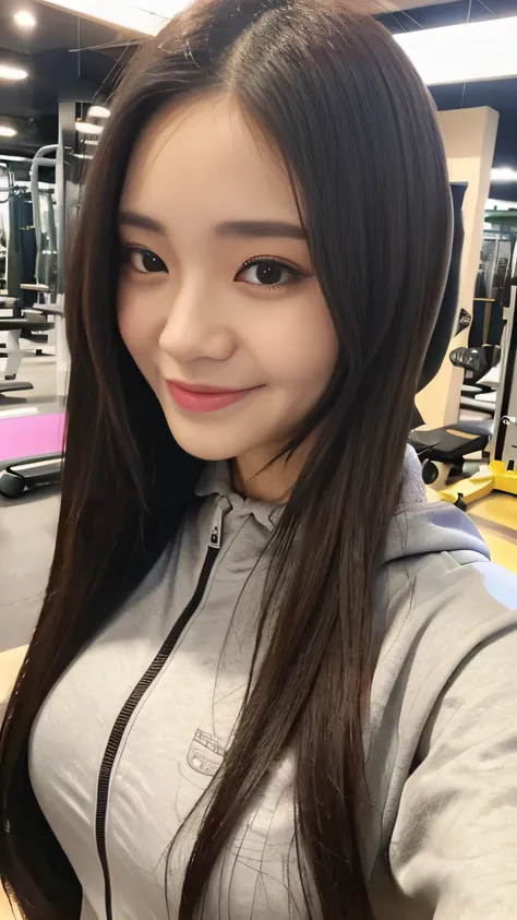 seed:2141668740.((upper body:1.2))..(( best quality, 8k, masterpiece:1.3)).concentrated:1.2, A 25-year-old Japanese woman running on a treadmill in a modern sports gym, wearing long-sleeve athletic wear and long pants. She has a ponytail and is focused ahe...