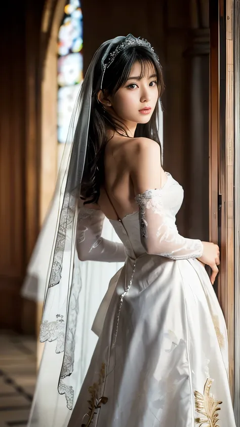 Front view, full body, standing model pose,  on church floor Japanese girls 20-age , Japanese fashion model ,(middle black hair, detail face, cute face, beautiful eyes, Small lips, serious), (middle breasts, middle hip, slender body),White Wedding long dre...