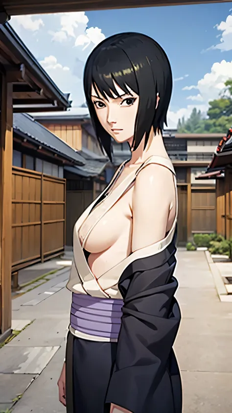 Anime style, masterpiece, best quality, shizune, black kimono, No bra, (small breasts),  looking at viewer, slight smile, Neckline, Shes not wearing a shirt underneath, japanese architecture, outdoors, sky, realistic