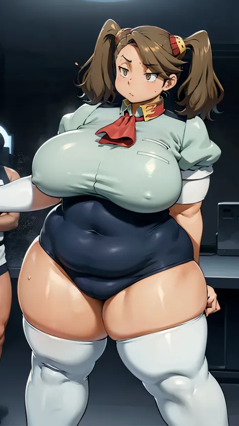 , brown hair,The bangs flow sideways , Light brown eyes, twin tails,Strong-boned body, thick thighs ,thick thick arms,sweat,vapor,Wide ass,Wide hips,  open thighs ,Thick arms,Strong and wide body,Very large breasts,Strong body, thick thighs , huge breasts,...