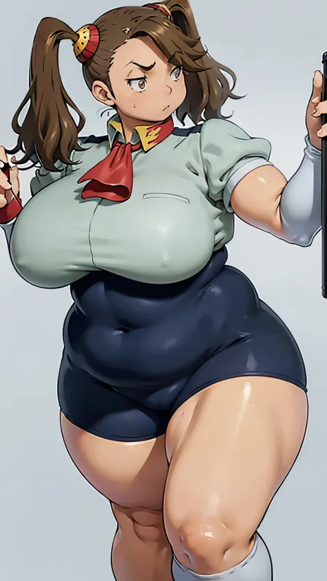 , brown hair,The bangs flow sideways , Light brown eyes, twin tails,Strong-boned body, thick thighs ,thick thick arms,sweat,vapor,Wide ass,Wide hips,  open thighs ,Thick arms,Strong and wide body,Very large breasts,Strong body, thick thighs , huge breasts,...