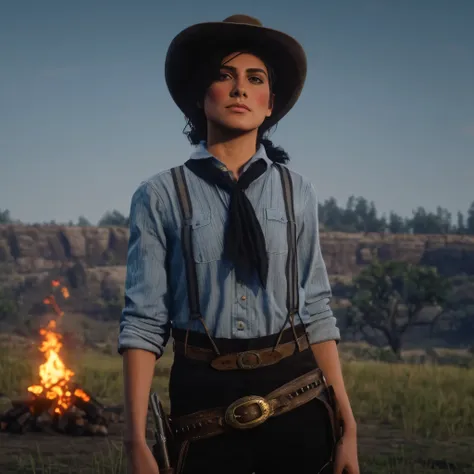 cinematic film still of cinematic film still of   cowgirl and a tie standing in front of a fire,solo,shirt,black hair,long sleev...