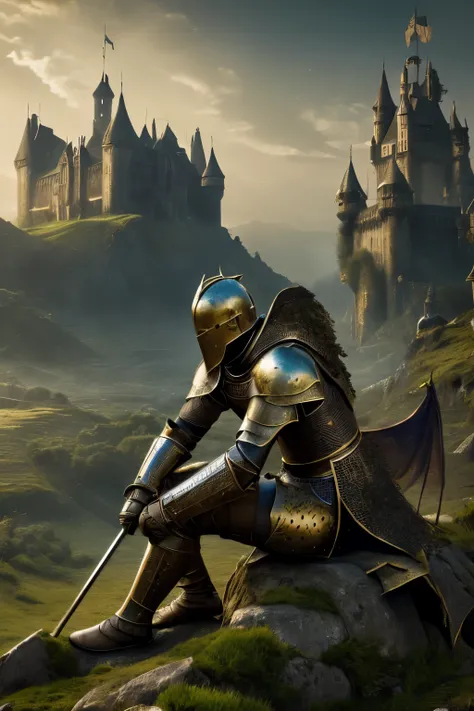 a medieval knight, golden armor, sitting on a mossy rock with head down as if tired, dragons flying in the background, castle in the distance, ultra-detailed, (best quality,8k,masterpiece:1.2),hyper realistic, dramatic lighting, cinematic composition, mute...