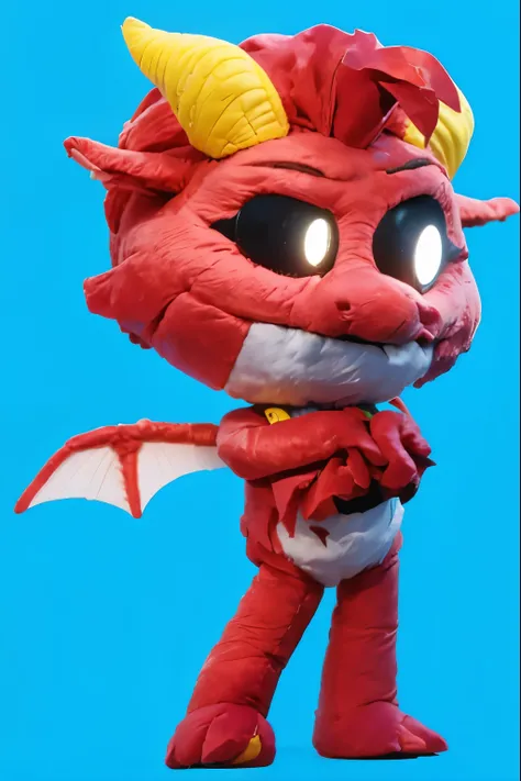 The image features a plush toy cute,  that resembles a cute dragon with red skin, yellow horns, and white wings. smooth 3d model, multiple light sources, rim light, sharp post effects render, most beautiful vfx, , realistic, 4k, high resolution, rim light,...