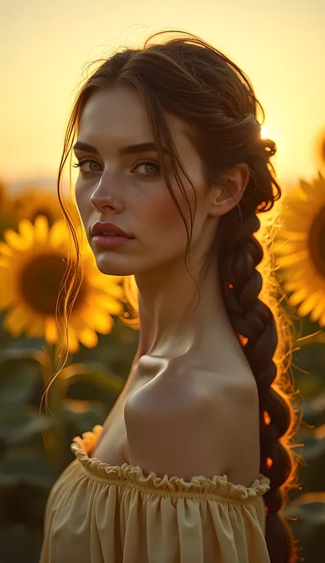 Carefully detailed, hyper-realistic oil painting with exciting, ,, Young beautiful Slavic girl stands in a field of sunflowers, the sun is behind her, bokeh, braid around the head,,, shadows carefully visualize to create depth, and cool tones add contrast ...