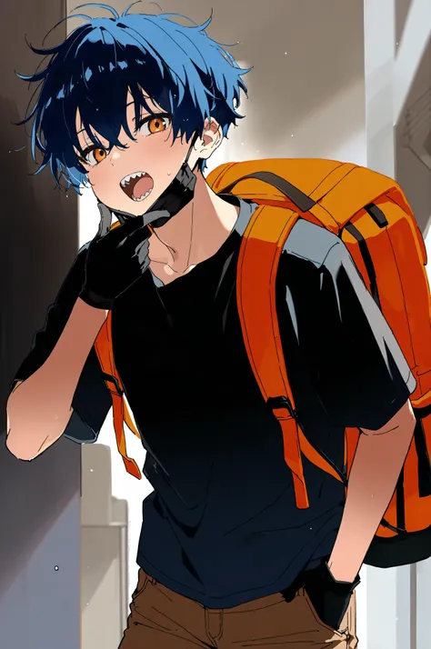 Double teeth,  that has been trimmed, male、 Black Gloves 、 black short sleeve shirt、brown jeans、 very short hair、Disheveled Hair、 two-block hair 、 with rucksack、solo、front、whole body、Blue Hair、High image quality、 High Quality 